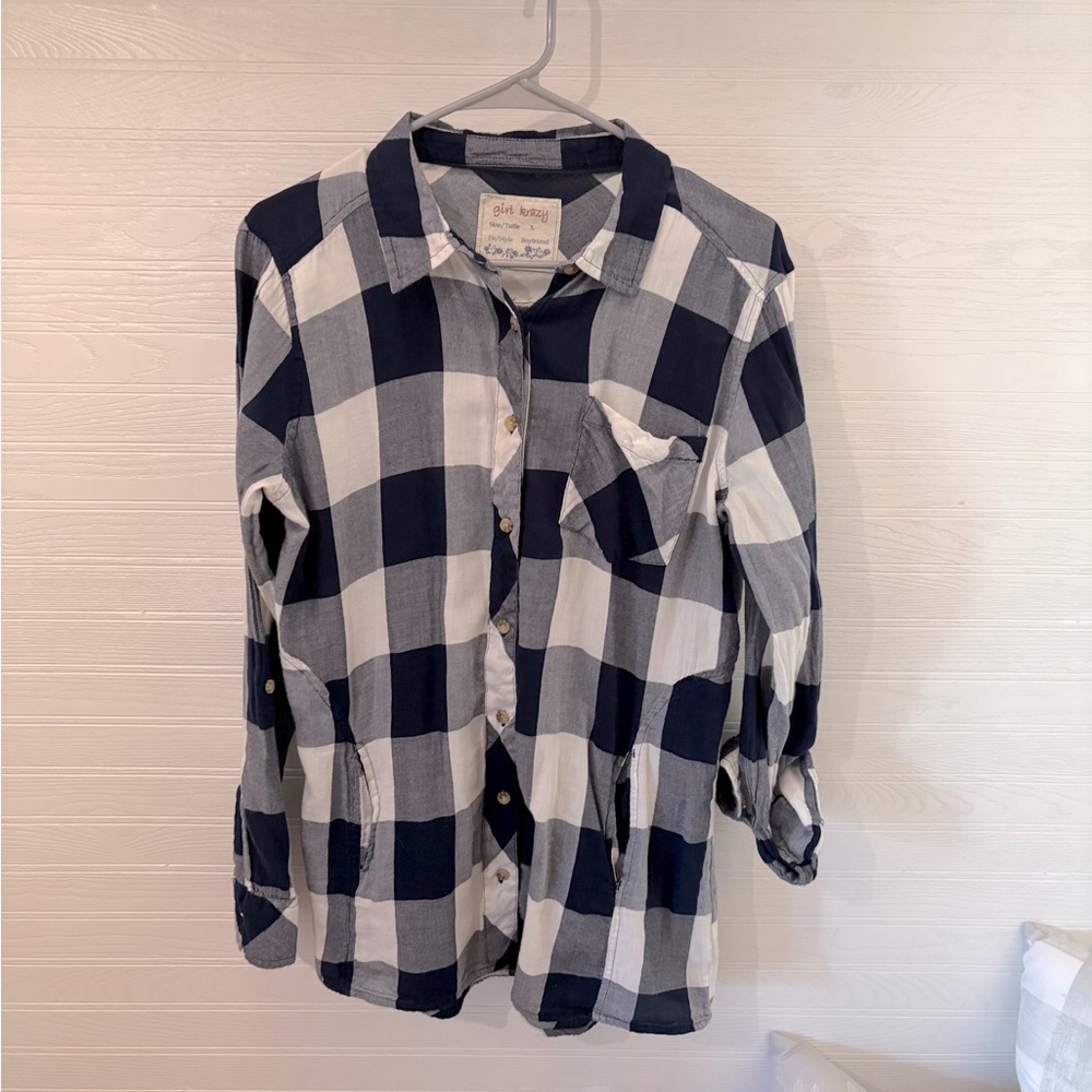 Blue and White Plaid Button-Up Shirt